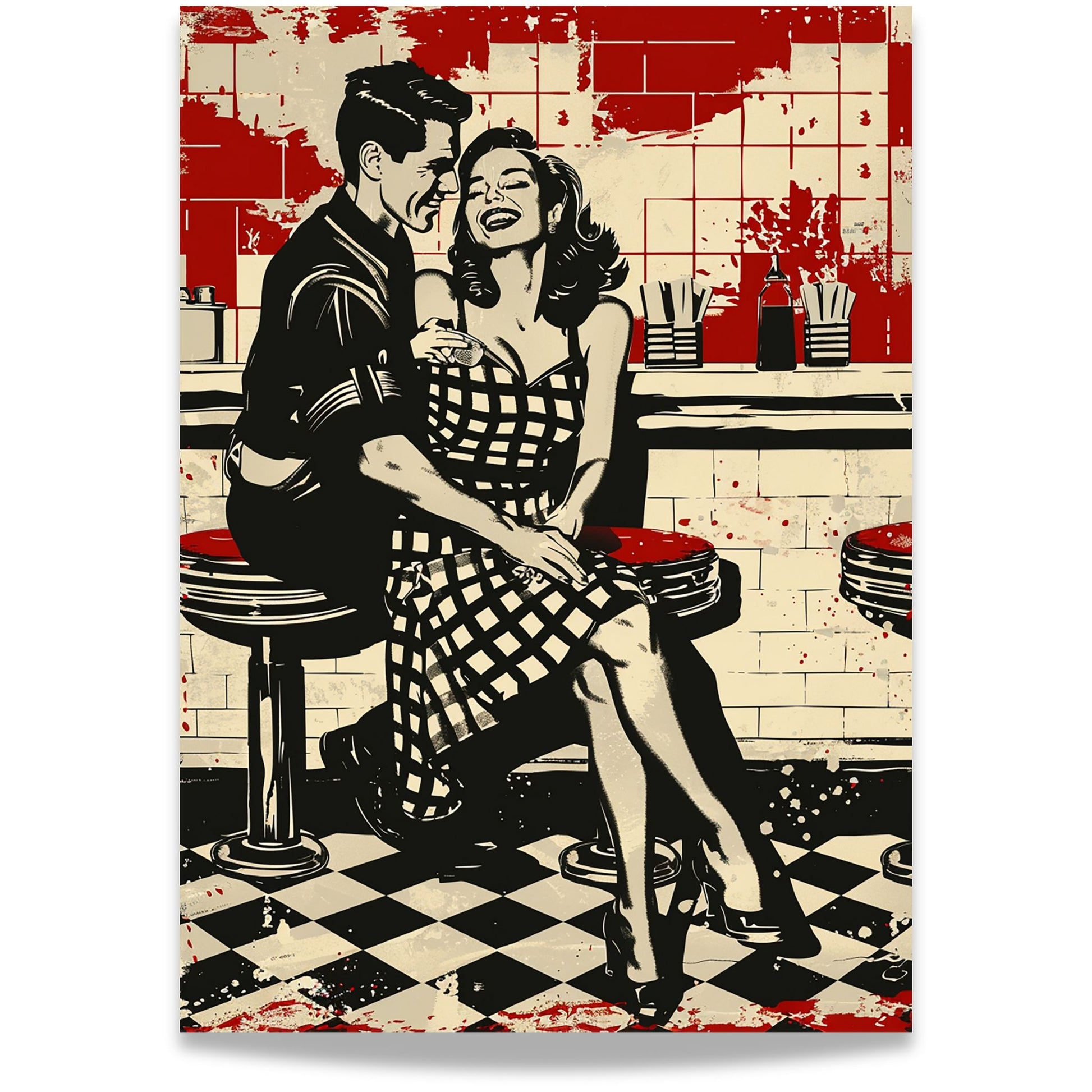 Vintage plakat i retro 50-talls diner-stil med smilende par på barstoler. Uten hvit kantlinje.