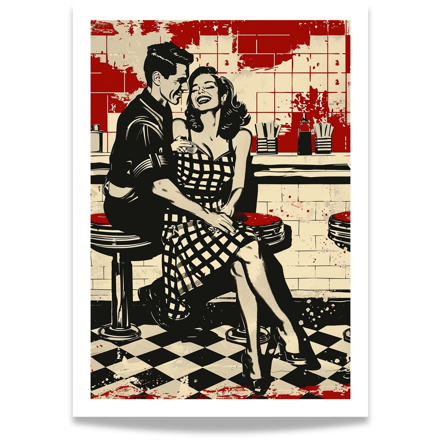 Vintage plakat i retro 50-talls diner-stil med smilende par på barstoler. 50x70 med hvit kantlinje.