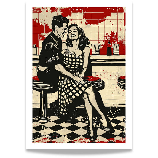 Vintage plakat i retro 50-talls diner-stil med smilende par på barstoler. 50x70 med hvit kantlinje.
