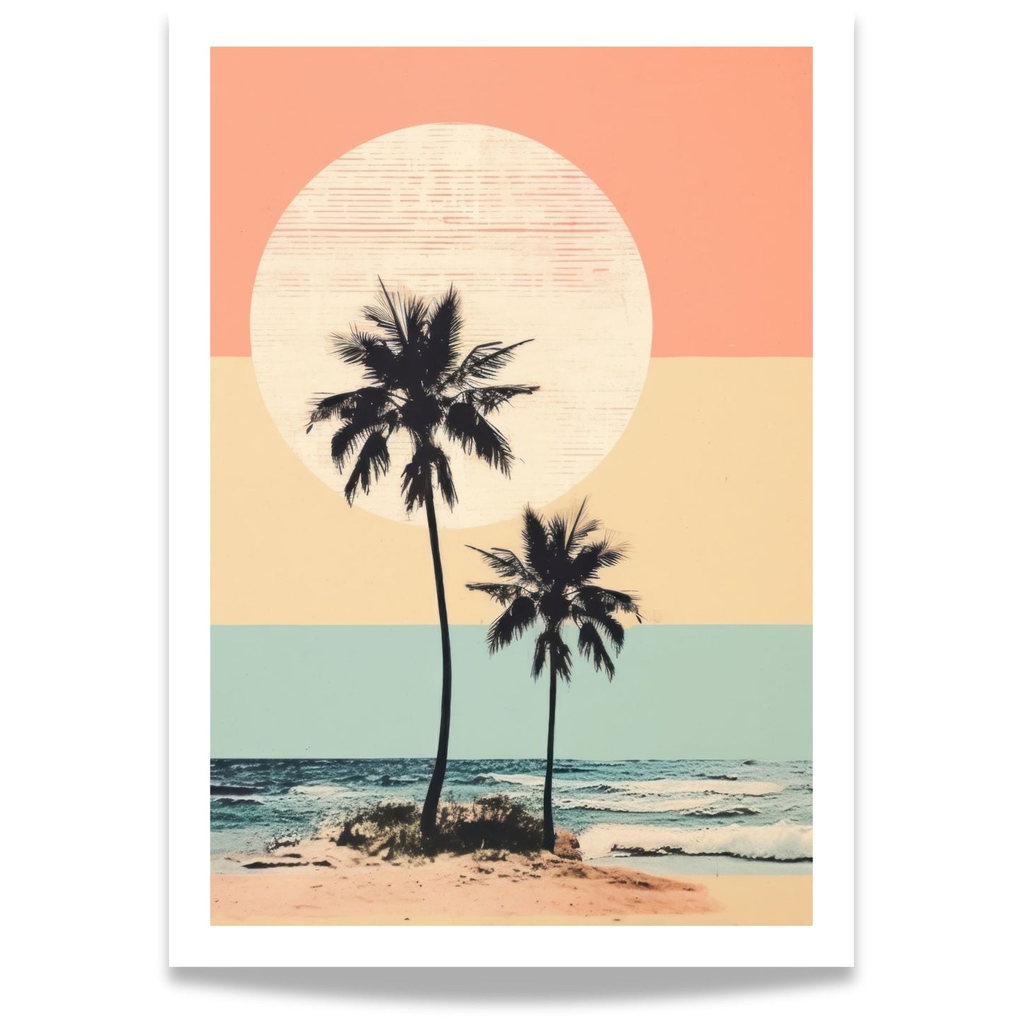 Grafisk plakat Retro Sunset Palms med palmesilhuetter, pastellfargede horisonter og stor sol. 50x70 med hvit kantlinje.