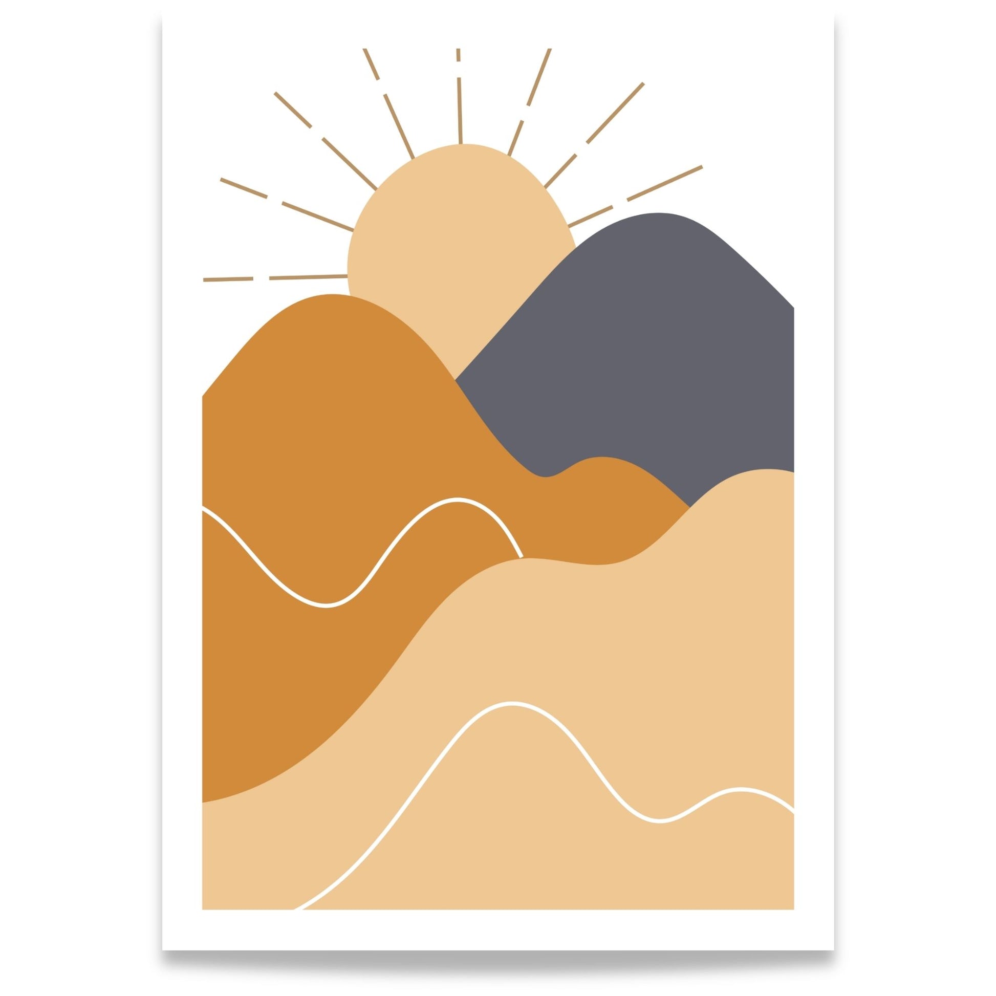 Rising Sun grafisk Boho Wall Art-plakat med stilisert sol og landskap i varme oker- og beigetoner