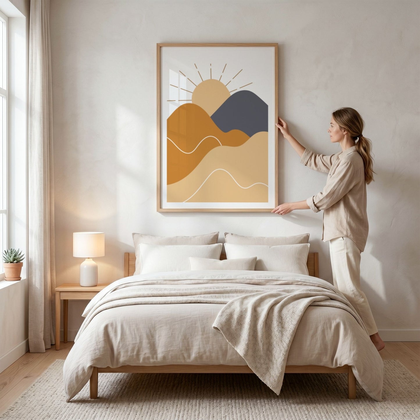 Rising Sun Boho Wall Art-plakat med sol og abstrakt landskap i eikeramme over seng