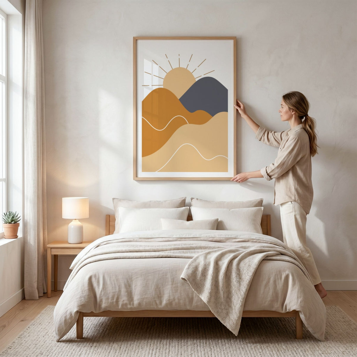 Rising Sun Boho Wall Art-plakat med sol og abstrakt landskap i eikeramme over seng