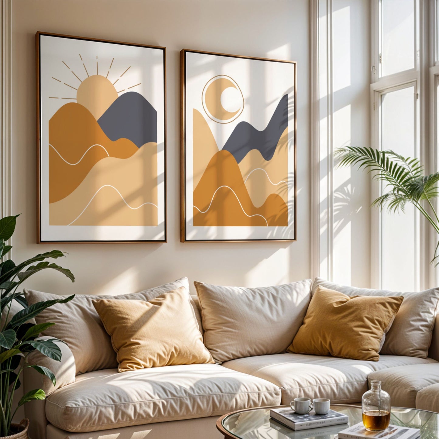 Rising Sun og Moonlit Hills grafisk plakatduo med sol og måne i lys stue