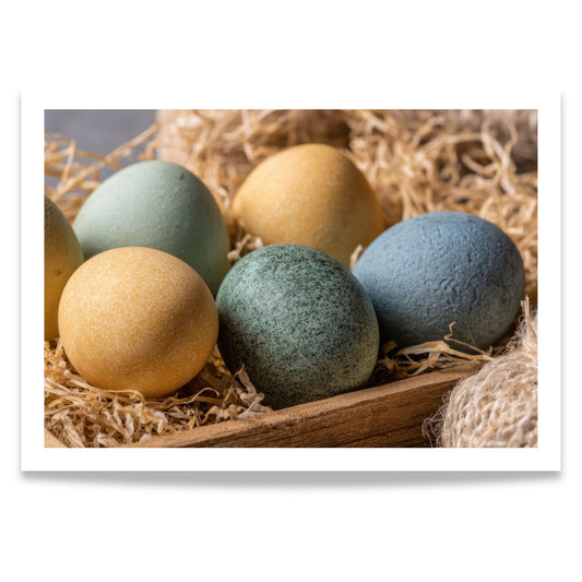 Horisontal påskeplakat med naturlige egg i halm og trekasse