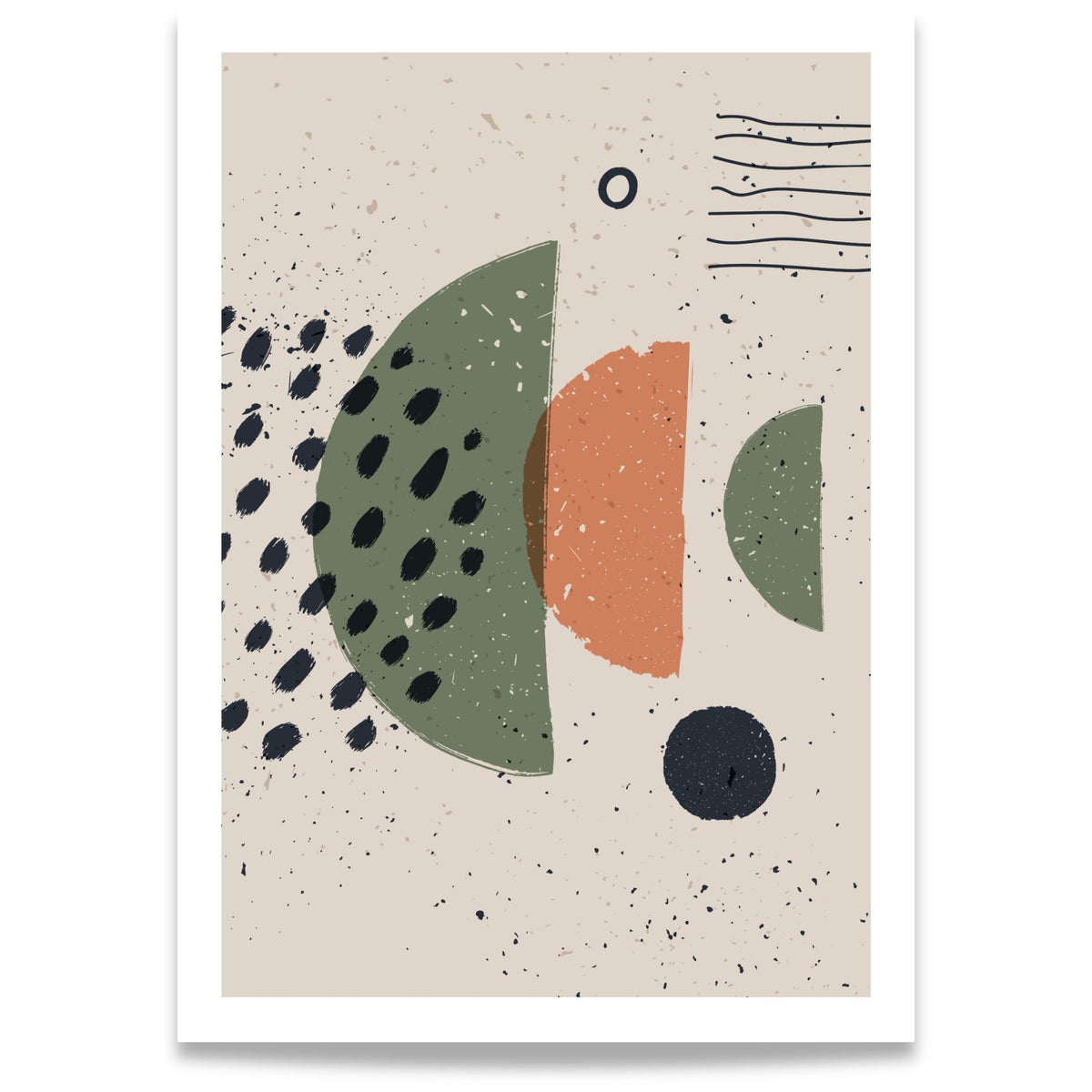 Shifting Forms abstrakt grafisk plakat med organiske former i grønt, terrakotta, beige og mørk blå
