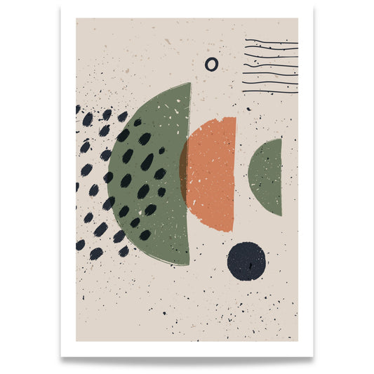 Shifting Forms abstrakt grafisk plakat med organiske former i grønt, terrakotta, beige og mørk blå