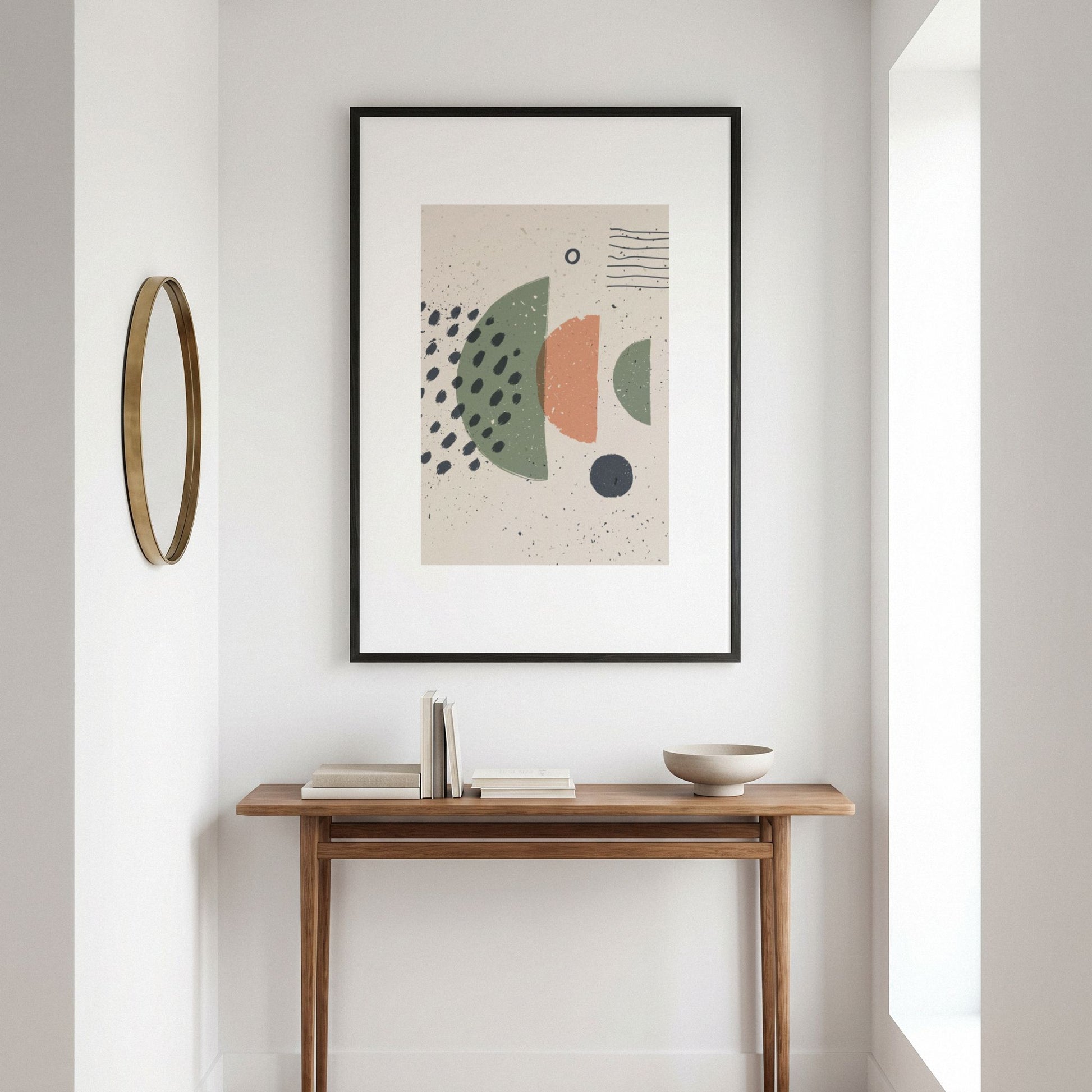Shifting Forms moderne grafisk plakat i sort ramme over konsollbord i skandinavisk interiør