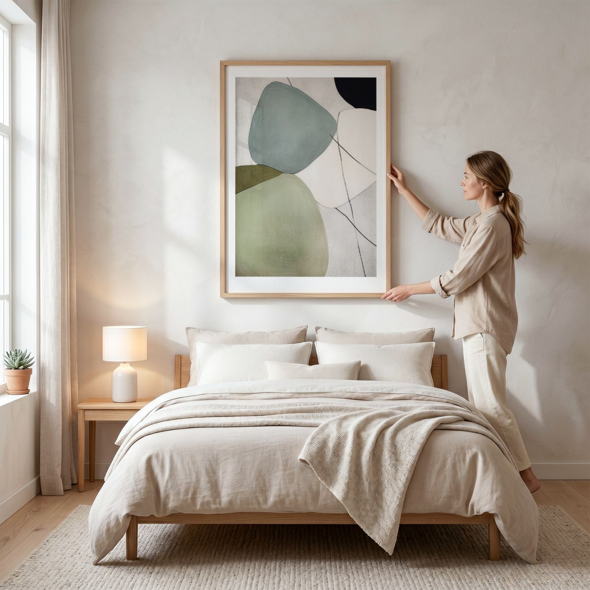 Silent Balance grafisk plakat over seng som viser motivets størrelse og harmoniske uttrykk.