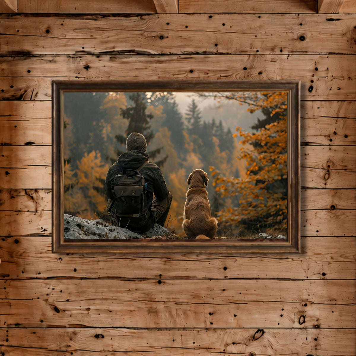 Silent Companions jaktmotiv vist på tømmervegg i tradisjonell hyttestil.