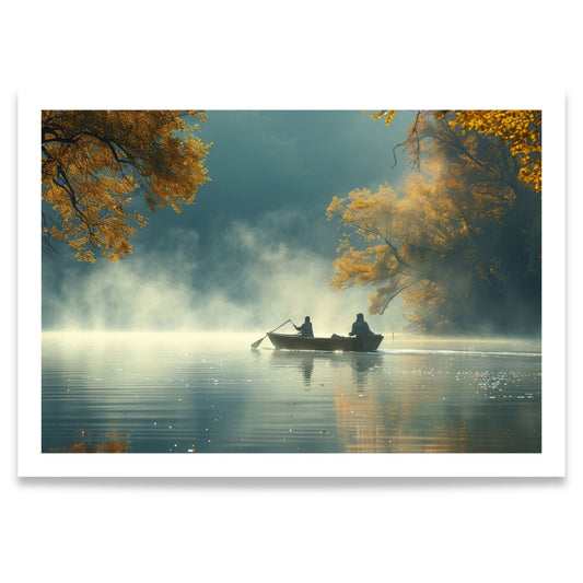 Silent Waters jakt- og villmarksmotiv med to fiskere i robåt på en stille innsjø i morgendis.
