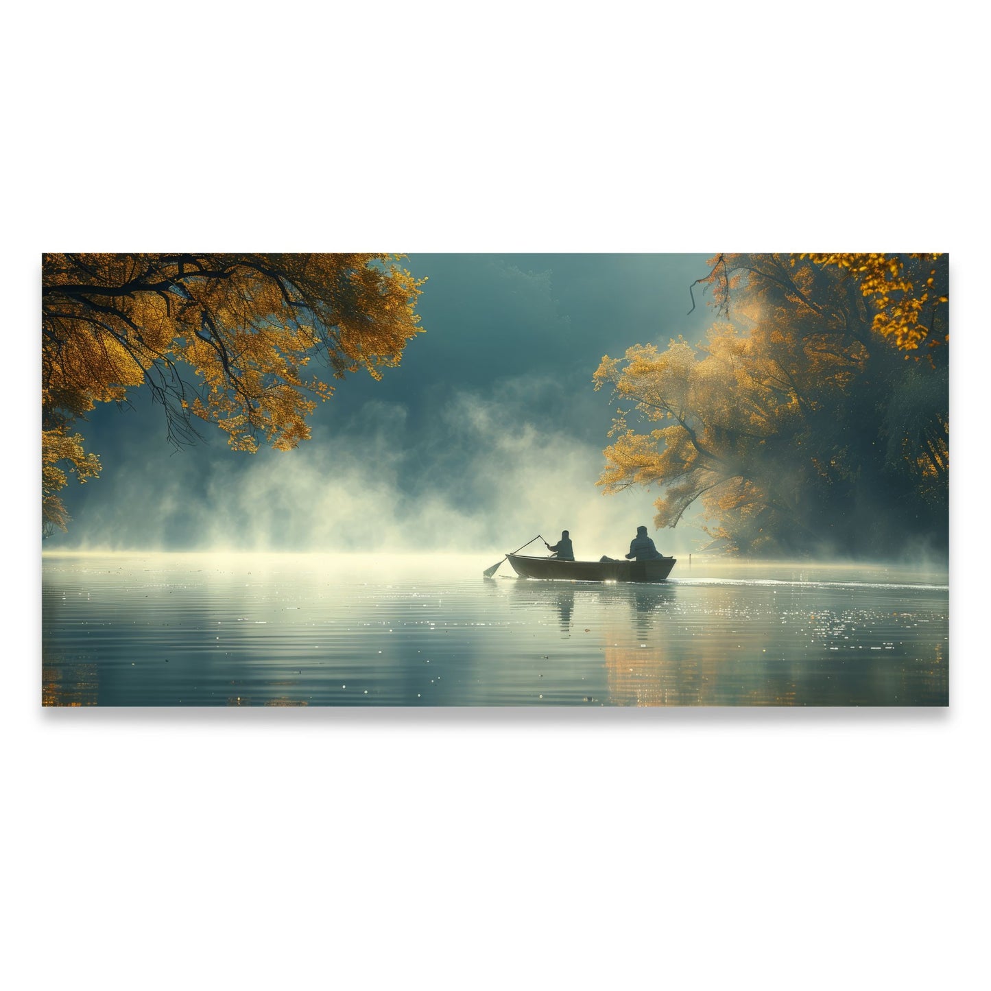Silent Waters – lerretsbilde med båt på stille vann i høstlandskap. Format 120x60.