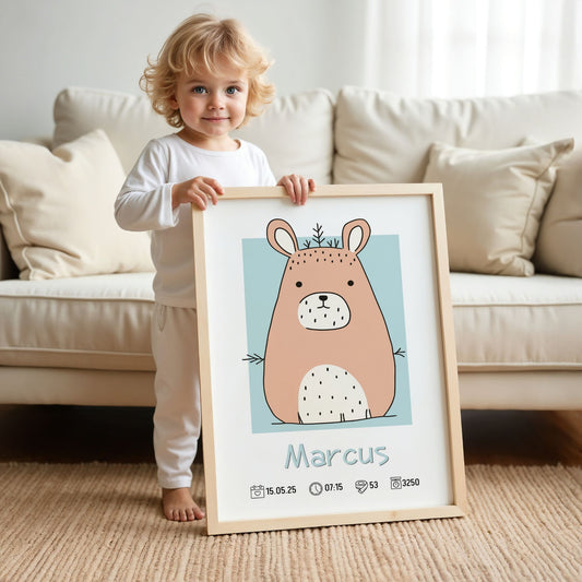 Barn holder personlig skogsdyr fødselsplakat i lyst og nordisk hjem