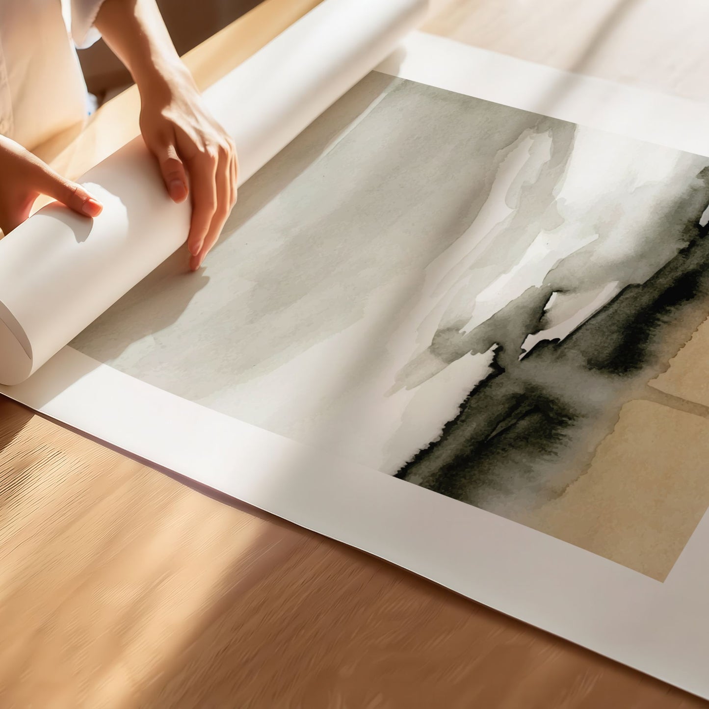 Detaljbilde av Skylines Drøm plakat med myke akvarellformer i grå og beige toner