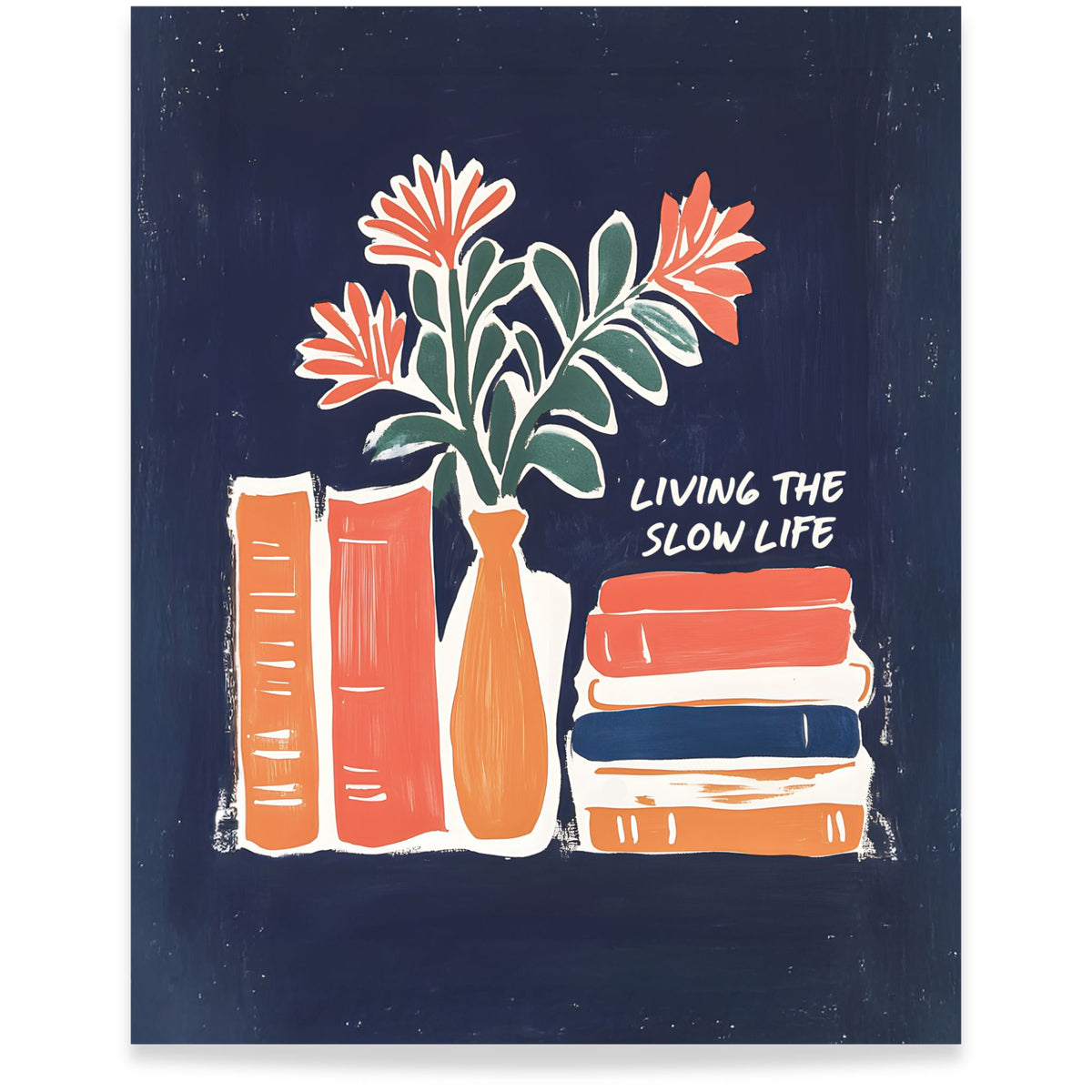 Slow Living Stories kunstplakat med bøker, blomster og teksten Living the Slow Life. Format 40x50