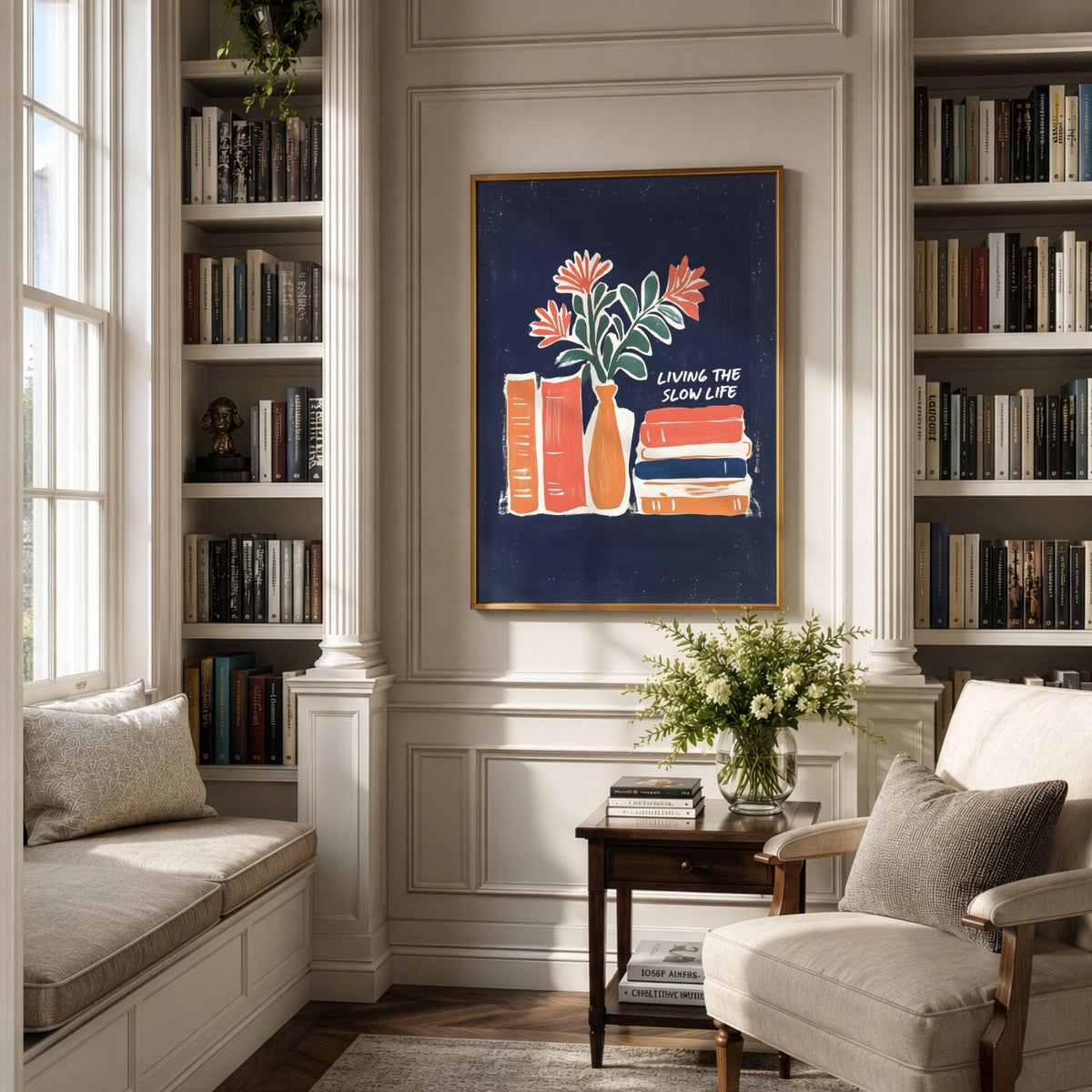 Slow Living Stories kunstplakat innrammet i klassisk bibliotek