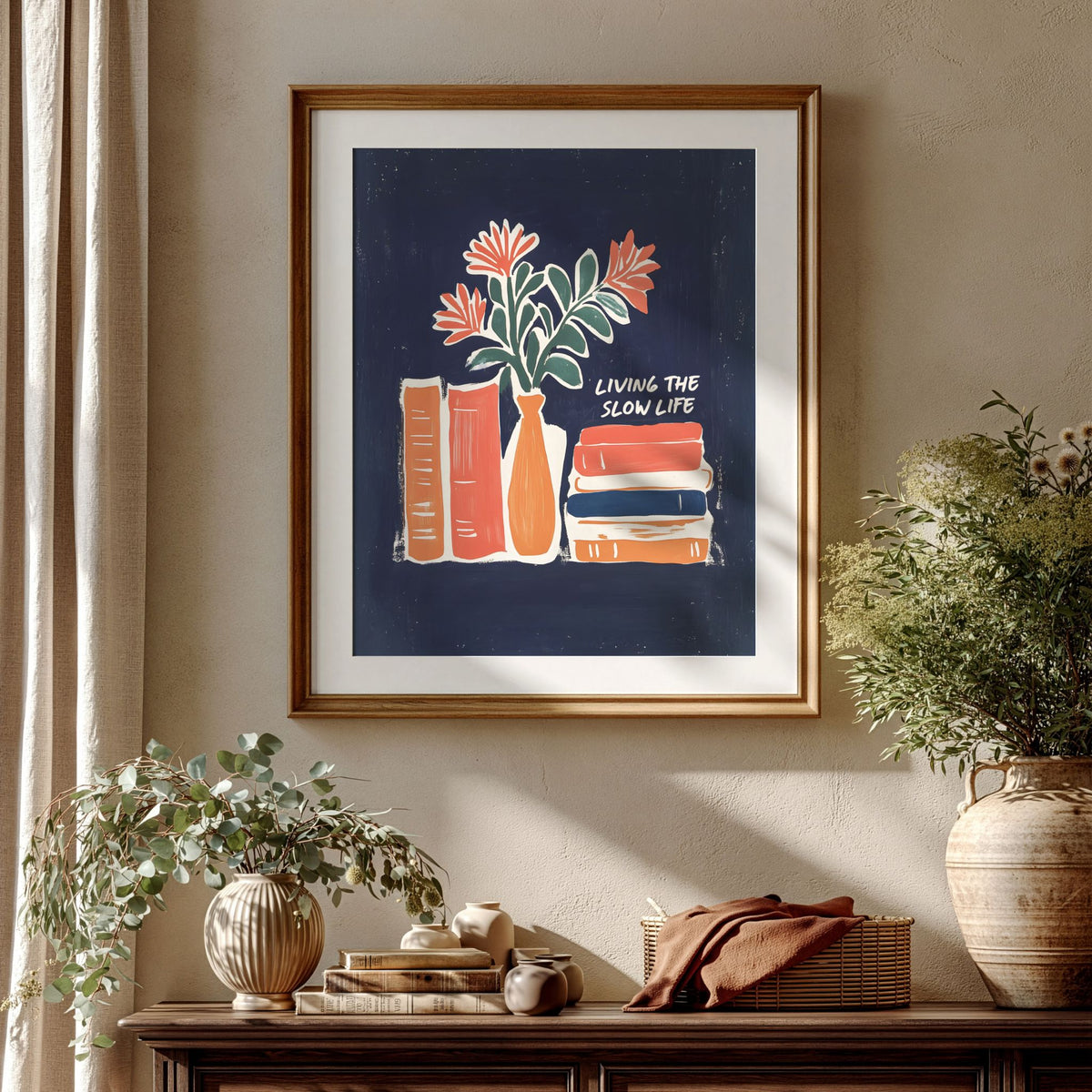 Slow Living Stories bokplakat i varmt klassisk interiør med treverk