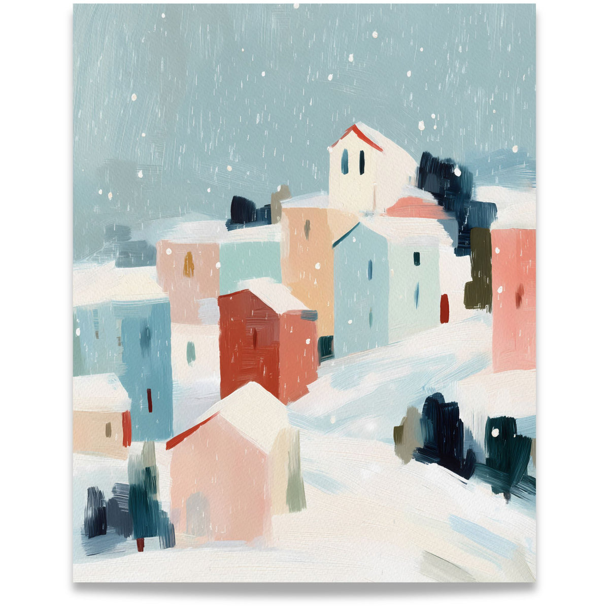Snowfall Village lerretsbilde med snødekte hus i rosa, blått og terrakotta under en lyseblå himmel med fallende snø. Format 40x50.