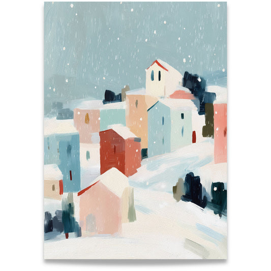 Snowfall Village lerretsbilde med snødekte hus i rosa, blått og terrakotta under en lyseblå himmel med fallende snø.