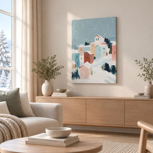 Snowfall Village på lerret over en lys treskjenk i skandinavisk stue med beige sofa og grønne kvister.