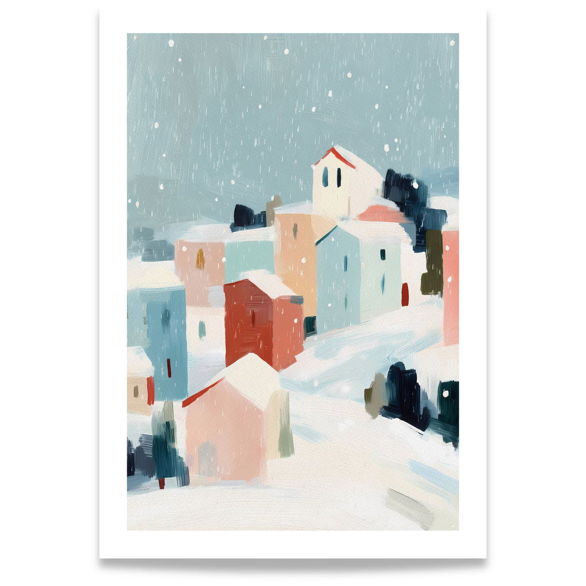 Snowfall Village vinterplakat med fargerike hus, snødekte tak og fallende snø mot dus blå himmel. Format 70x100.