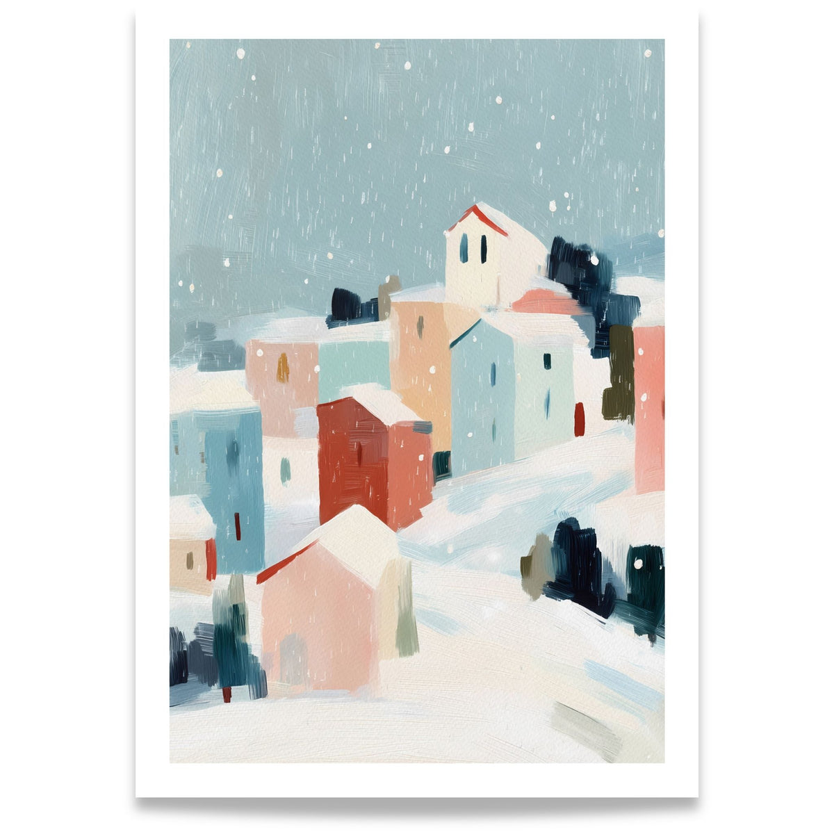 Snowfall Village vinterplakat med fargerike hus, snødekte tak og fallende snø mot dus blå himmel.