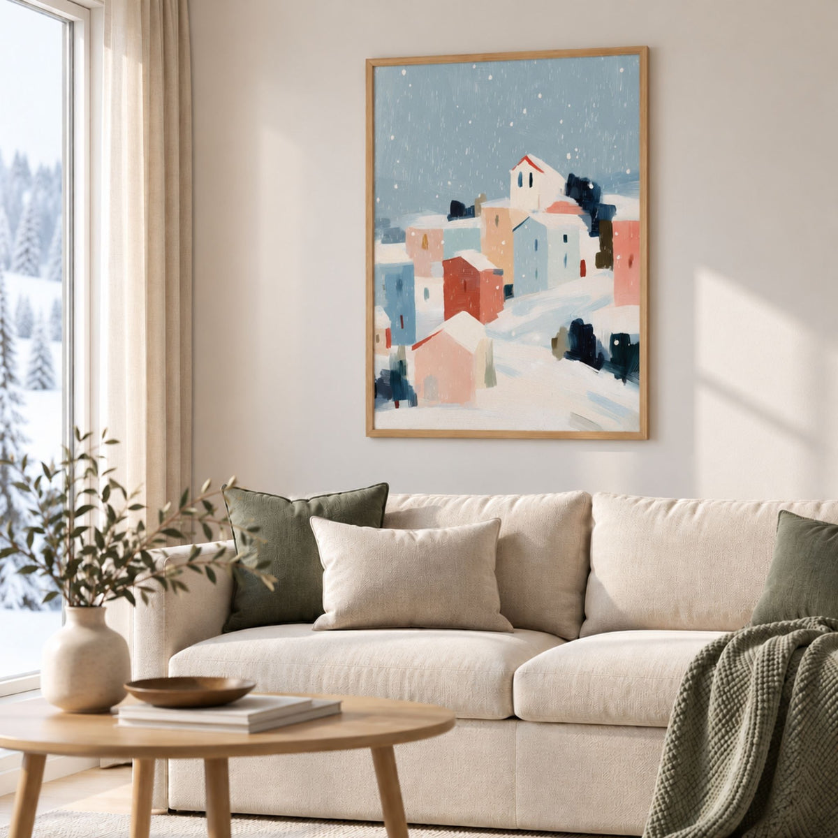 Snowfall Village plakat i eikeramme over lys sofa i skandinavisk stue.