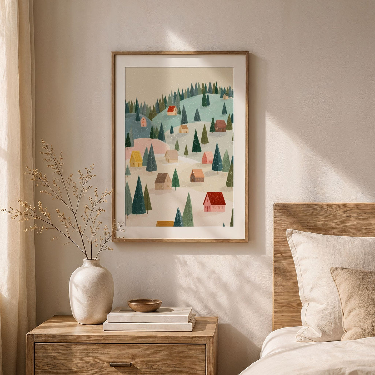Vinterplakat med snødekt landsby og hvit kant i eikeramme over nattbord