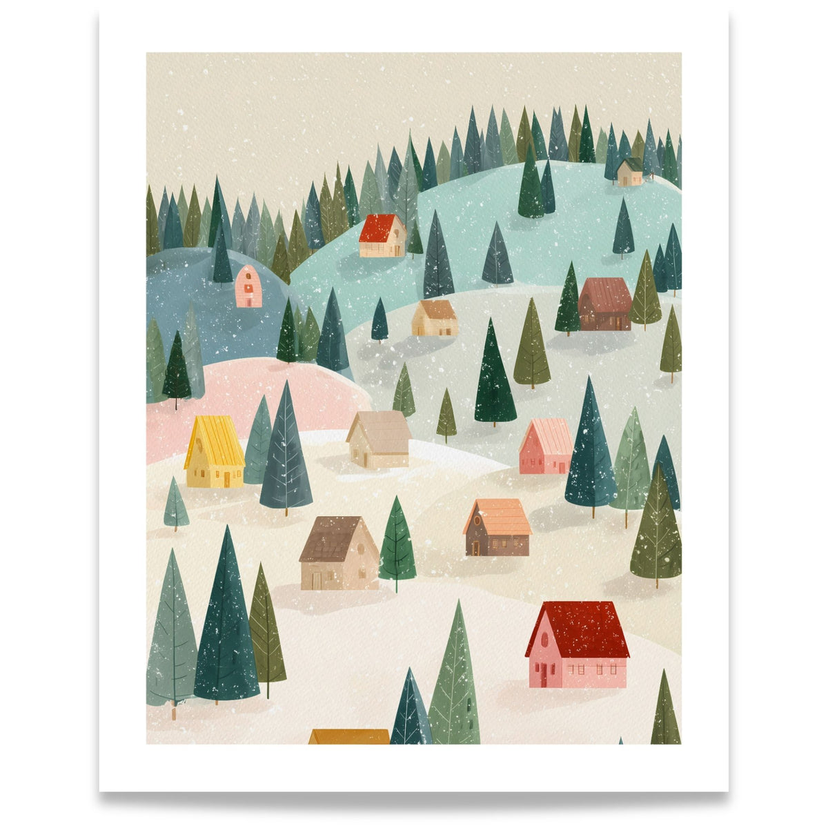 Snowy Little Village vinterplakat med fargerike små hus, snødekte åser og grønne grantrær. Format 40x50.