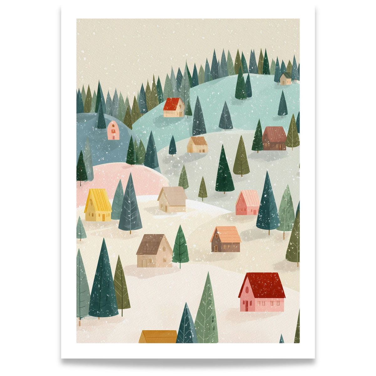 Snowy Little Village vinterplakat med fargerike små hus, snødekte åser og grønne grantrær