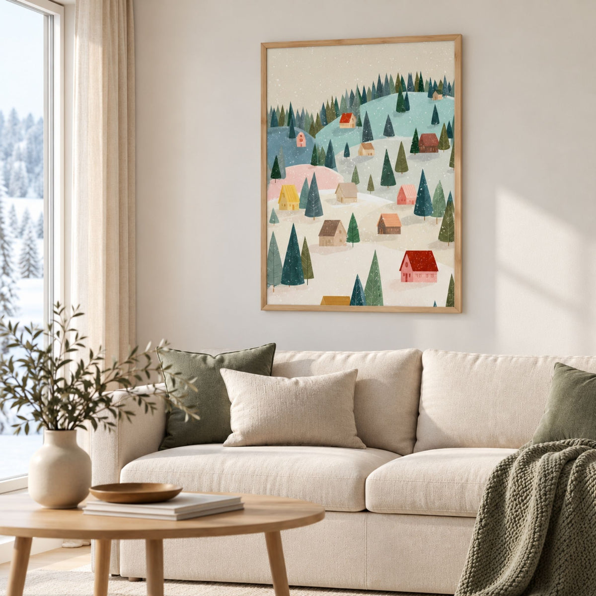 Snowy Little Village plakat i lys eikeramme over beige sofa i skandinavisk stue