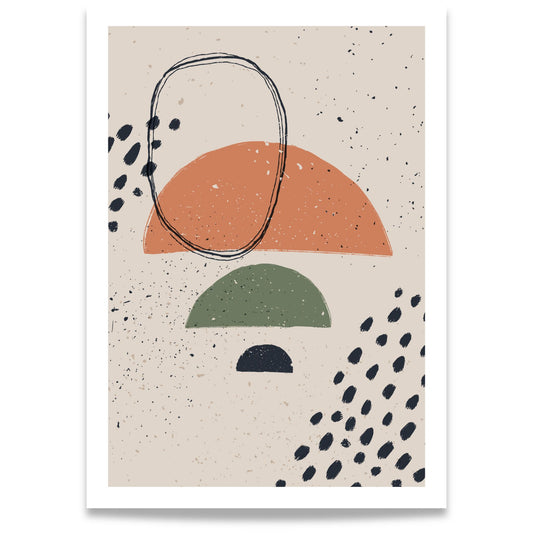 Soft Alignment abstrakt grafisk plakat med organiske former i terrakotta, grønt, beige og mørk blå