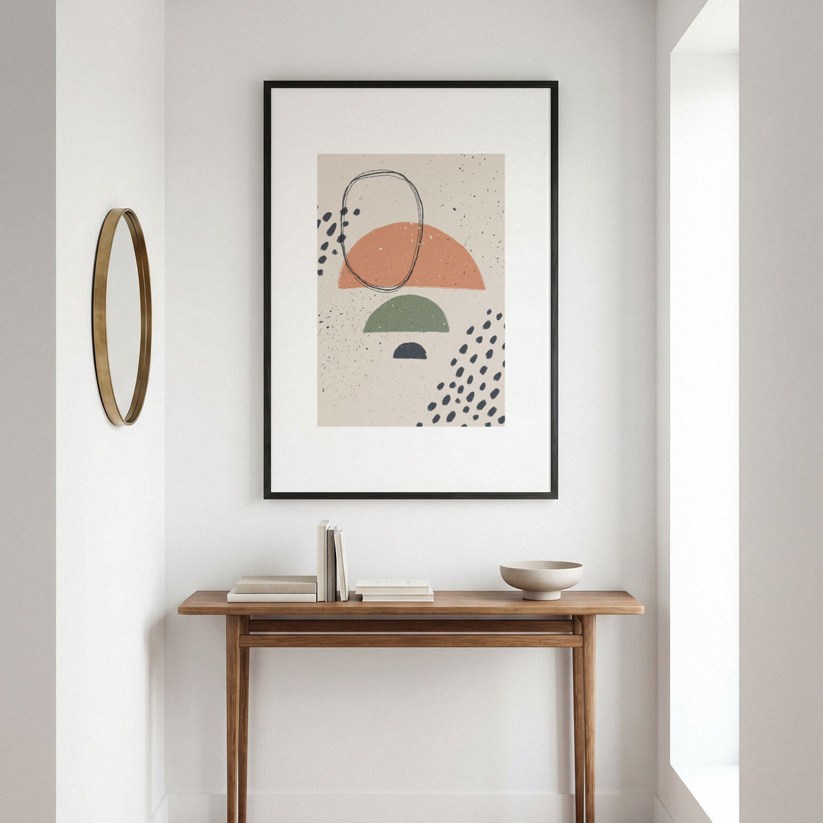 Soft Alignment moderne grafisk plakat i sort ramme over konsollbord i skandinavisk interiør