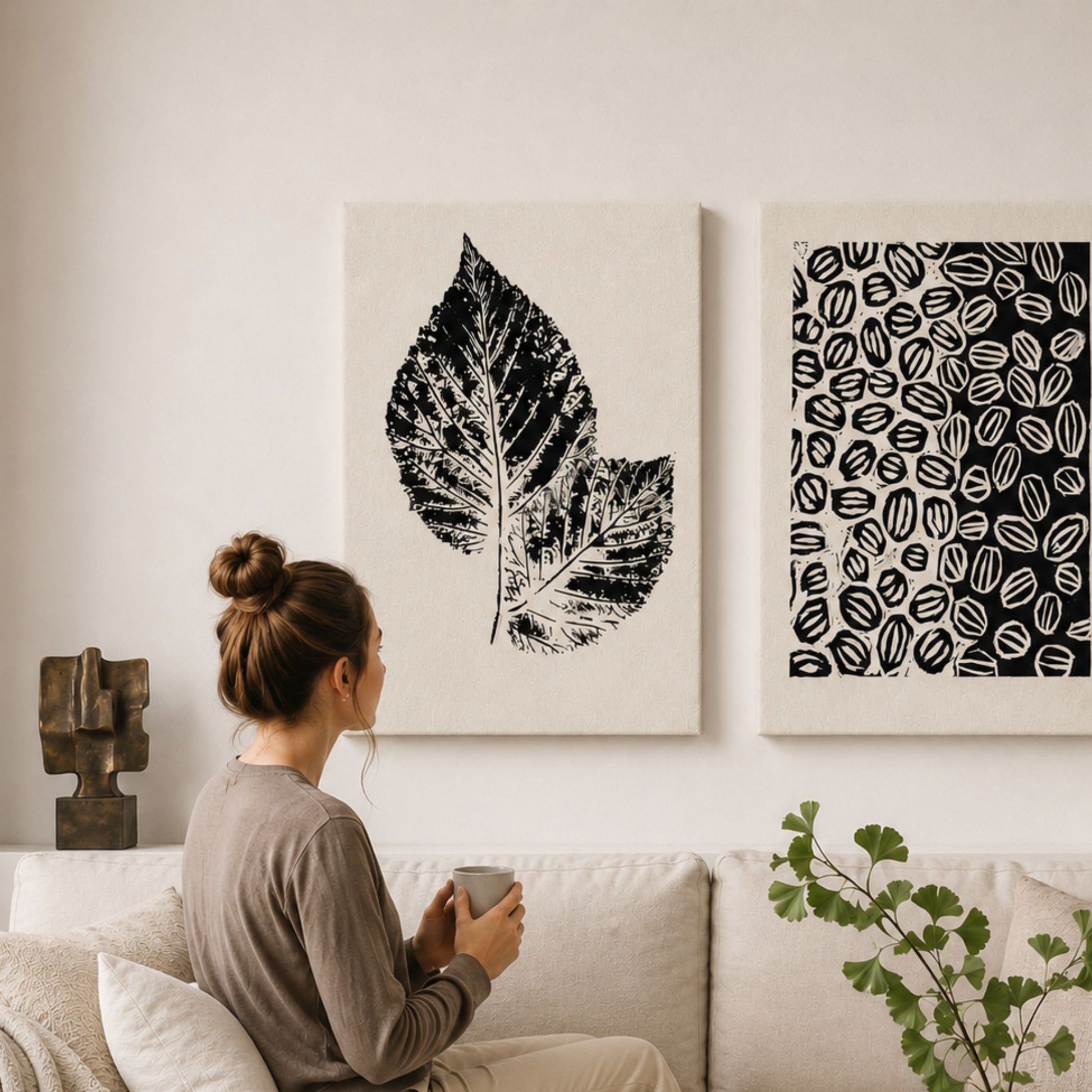 Grafisk lerretsduo fra Soft Balance Collection med kvinne i moderne, skandinavisk stue.