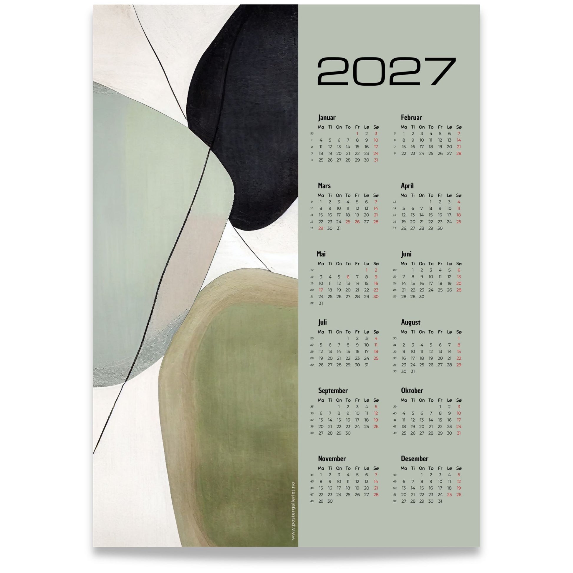 Soft Balance grafisk veggkalender 2027 med abstrakte former i grønne og sorte toner