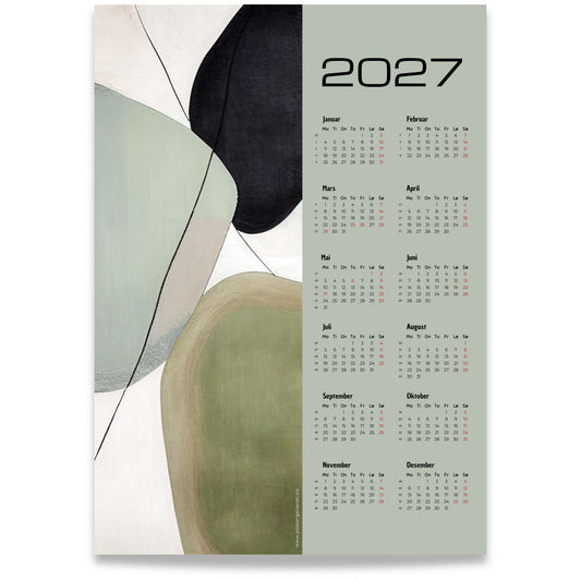 Soft Balance grafisk veggkalender 2027 med abstrakte former i grønne og sorte toner
