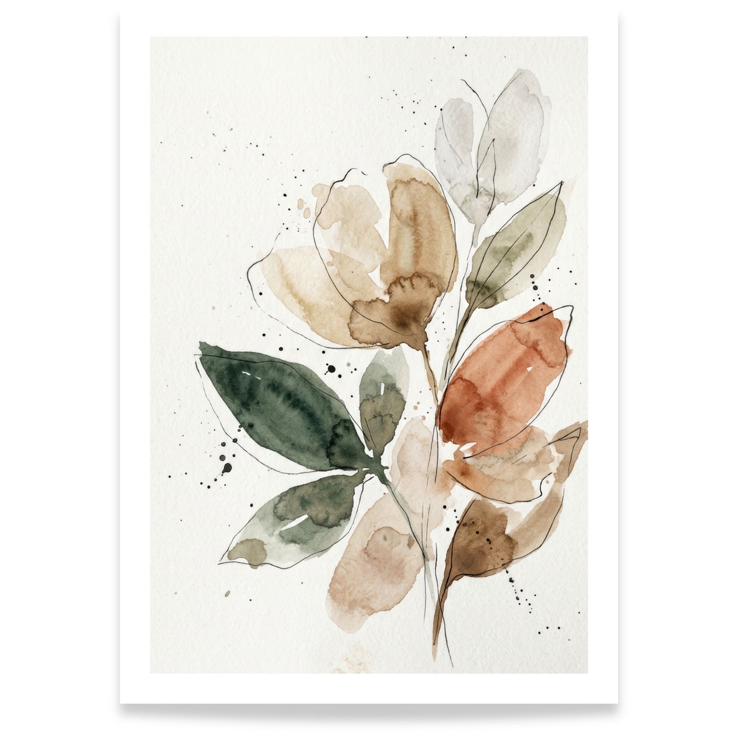 Botanisk akvarellplakat med blomster og blader i myke jordtoner