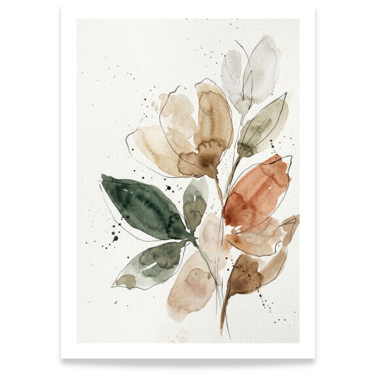 Botanisk akvarellplakat med blomster og blader i myke jordtoner