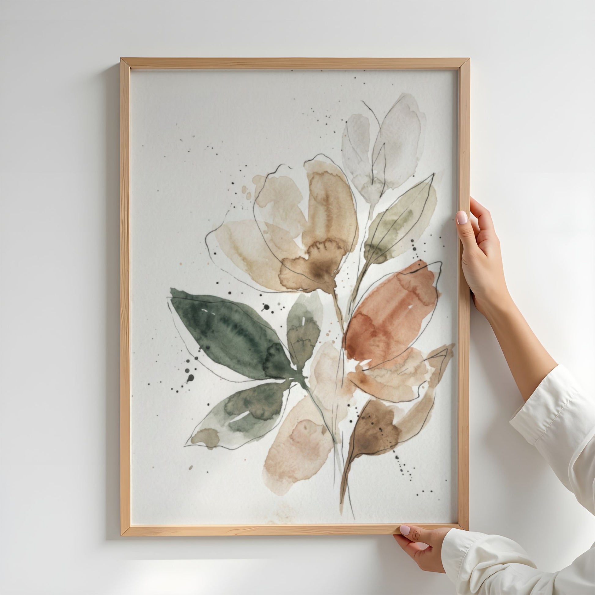 Detaljbilde av botanisk akvarellplakat i lys treramme