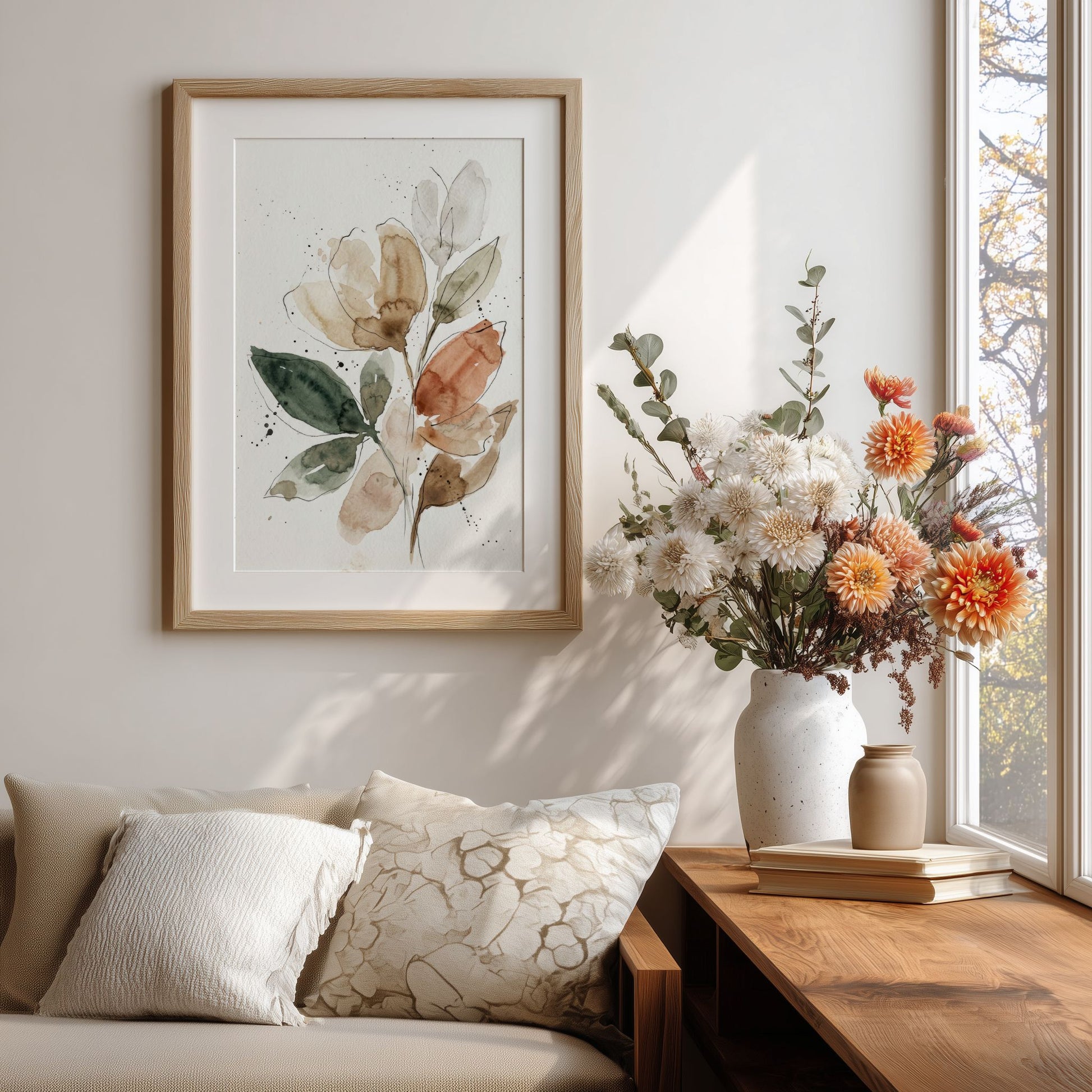 Elegant botanisk akvarellkunst ved sofa og blomster i nordisk interiør