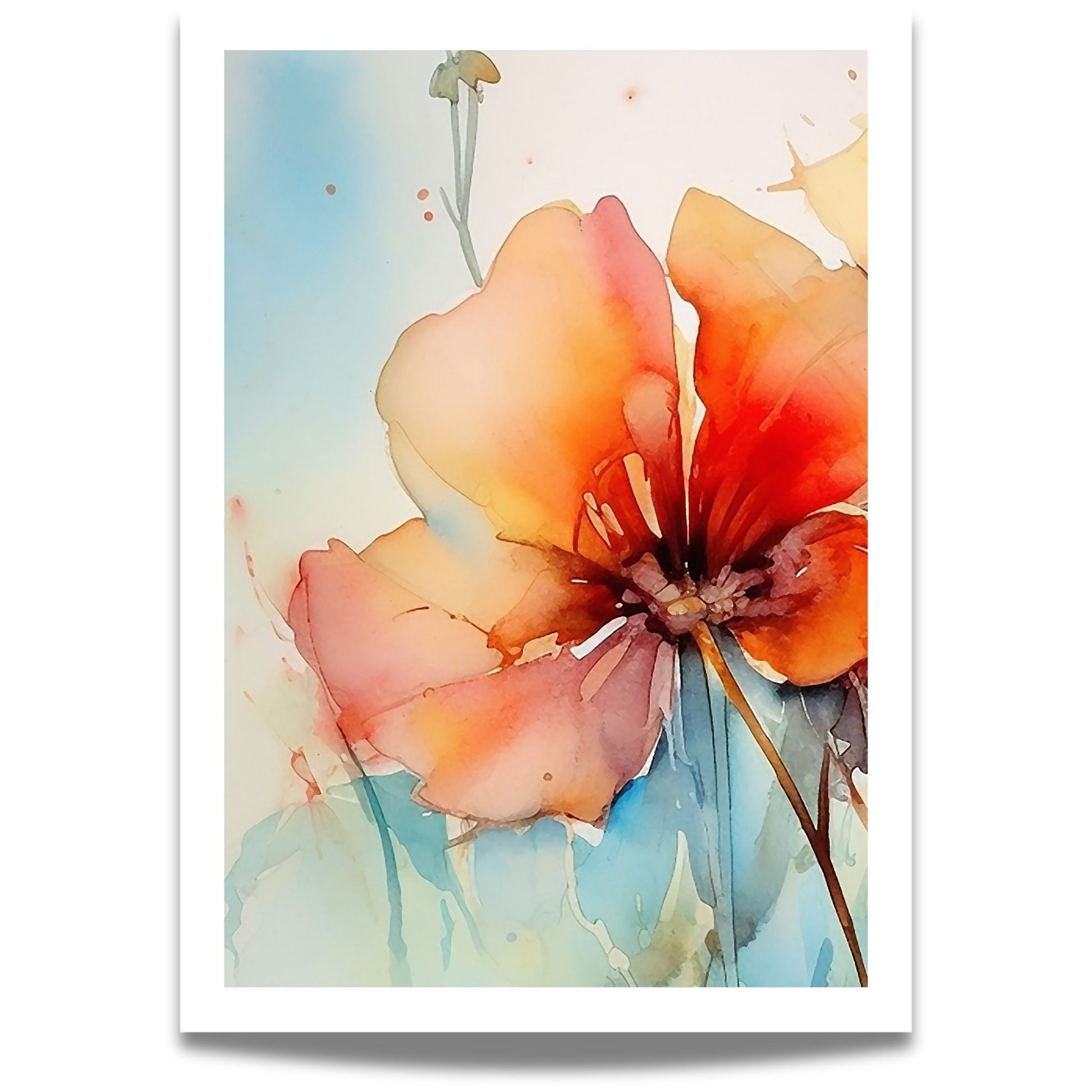 Moderne blomsterplakat i akvarellstil med varme koralltoner og myke blå detaljer