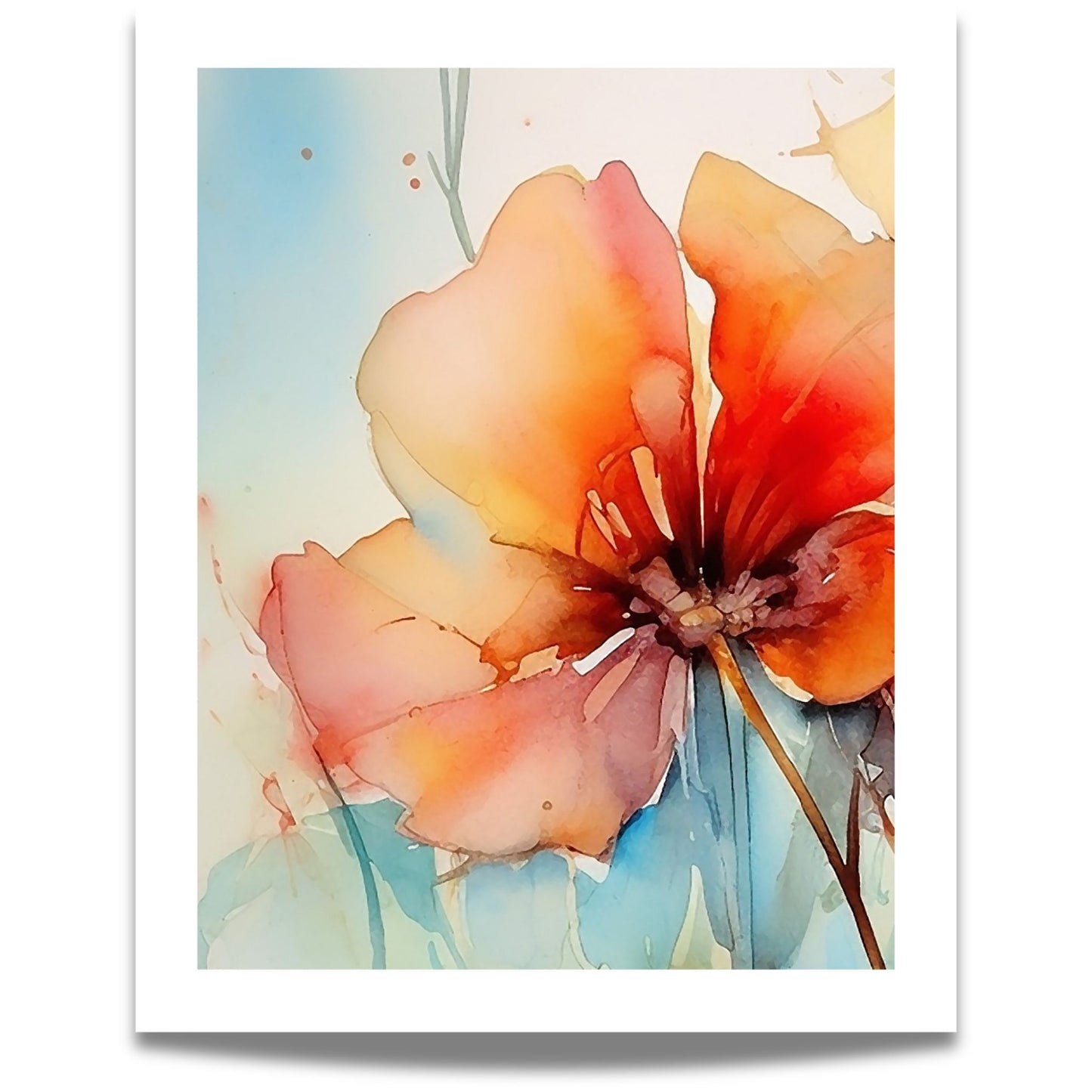 Moderne blomsterplakat i akvarellstil med varme koralltoner og myke blå detaljer 40X50