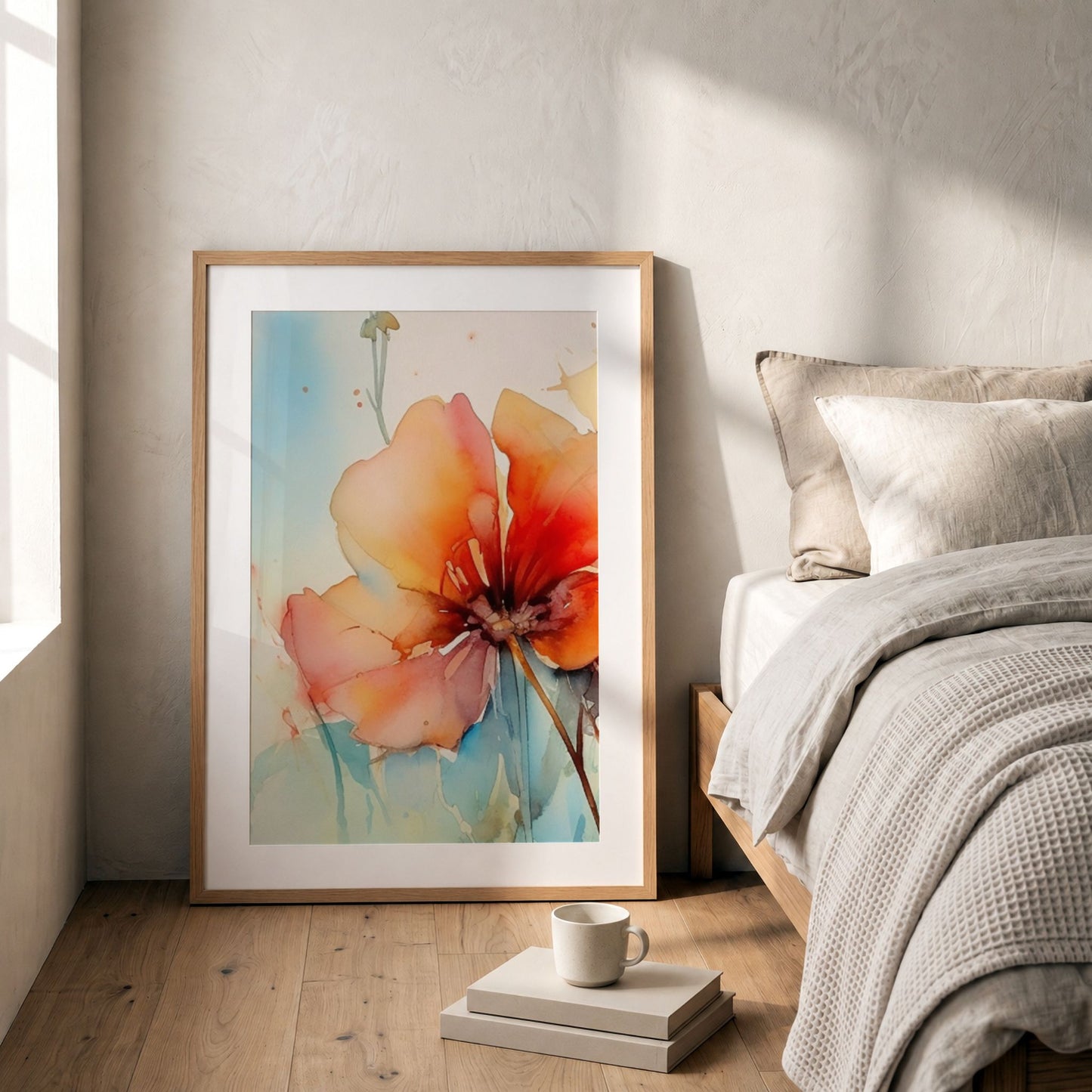 Soft Energy Bloom No1 blomsterplakat lent mot vegg ved seng i rolig interiør