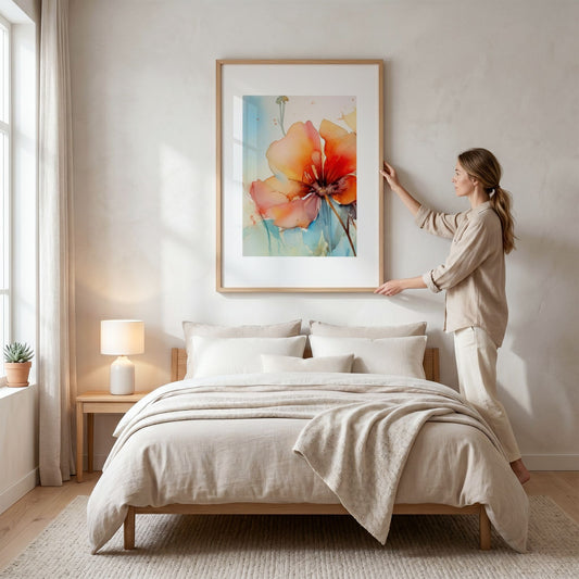 Soft Energy Bloom No1 blomsterplakat stylet over seng i lyst nordisk soverom
