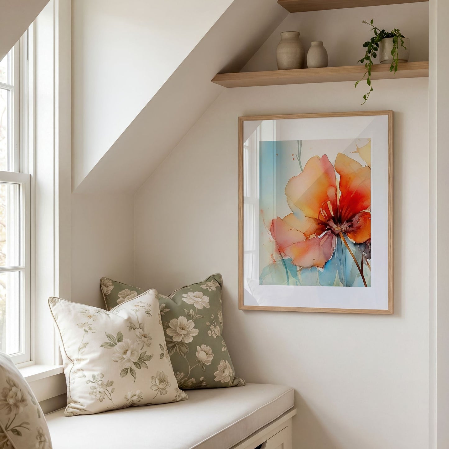 Moderne blomsterplakat med akvarellmotiv stylet i lys vindusnisje med nordisk interiør