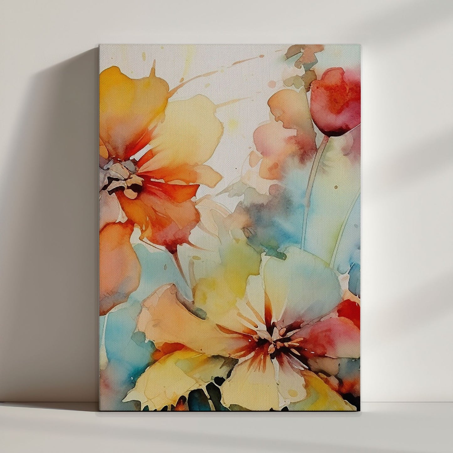 Soft Energy Bloom No2 som moderne blomsterlerret i myk akvarellstil med varme koralltoner og lyse blå nyanser.