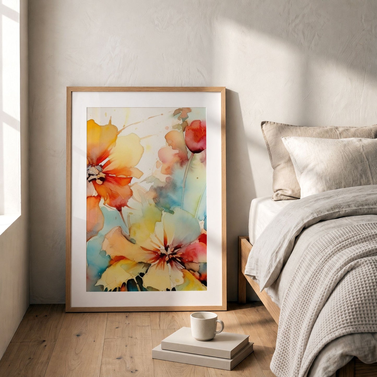 Soft Energy Bloom No2 blomsterplakat lent mot vegg ved seng i lyst soverom