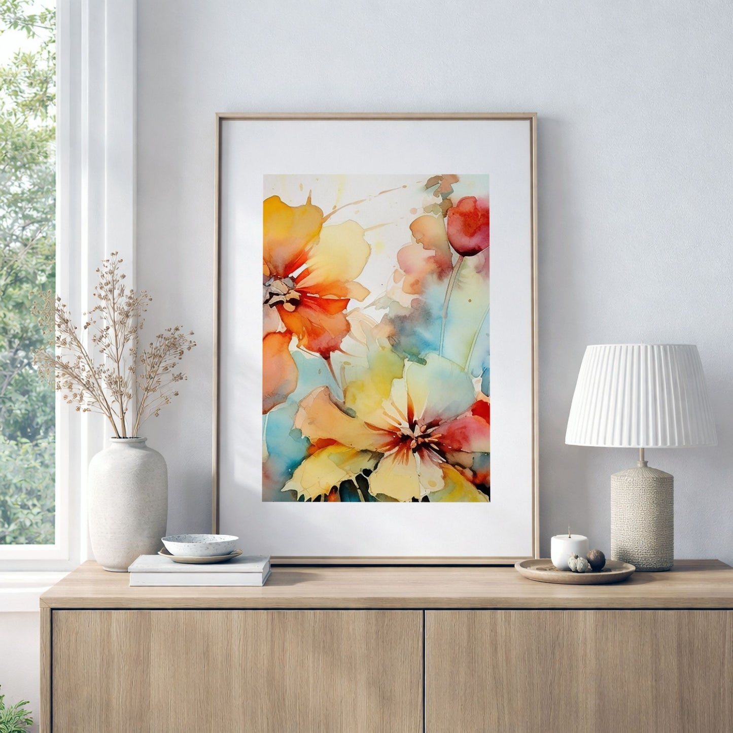 Soft Energy Bloom No2 akvarellplakat på kommode i moderne skandinavisk interiør