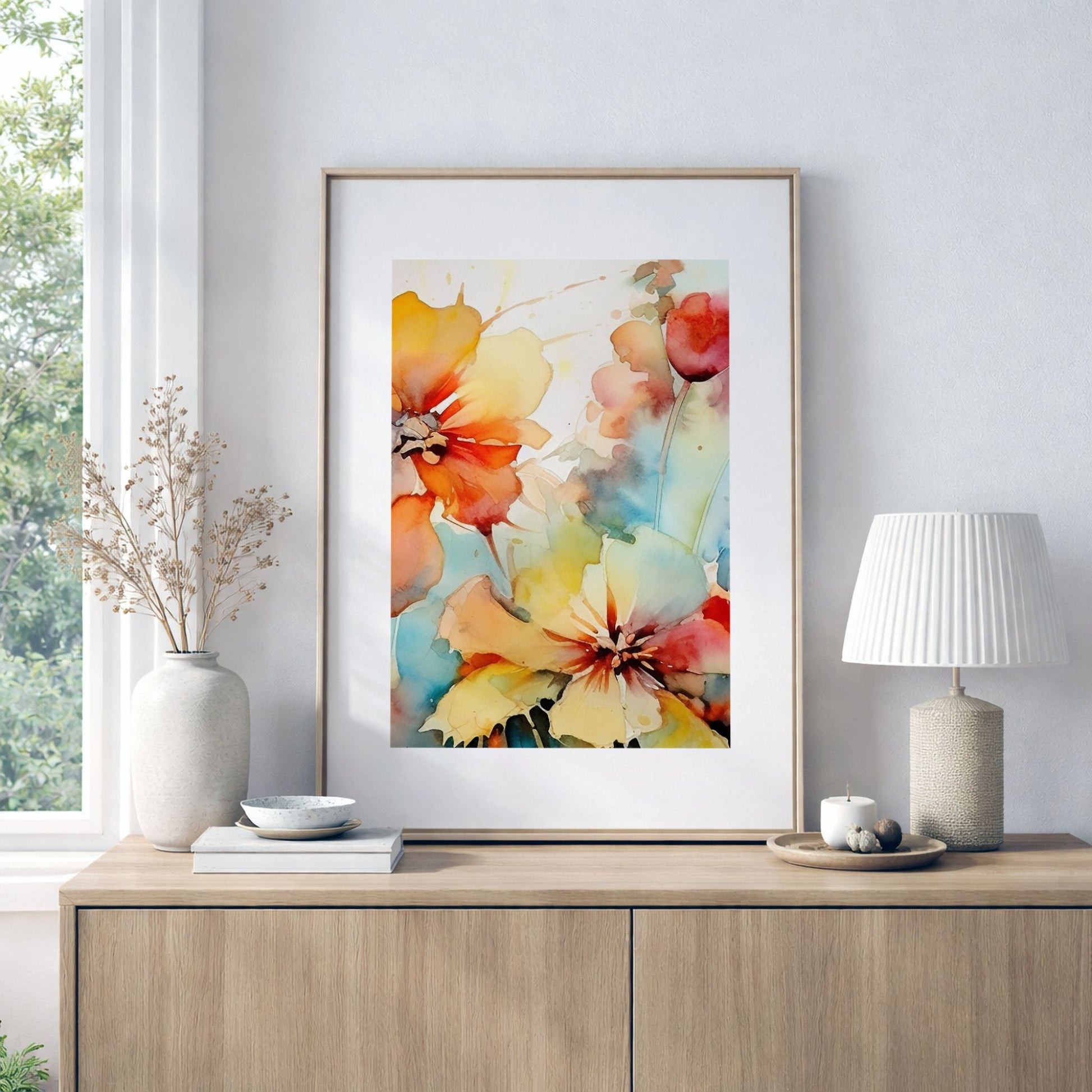 Soft Energy Bloom No2 akvarellplakat på kommode i moderne skandinavisk interiør