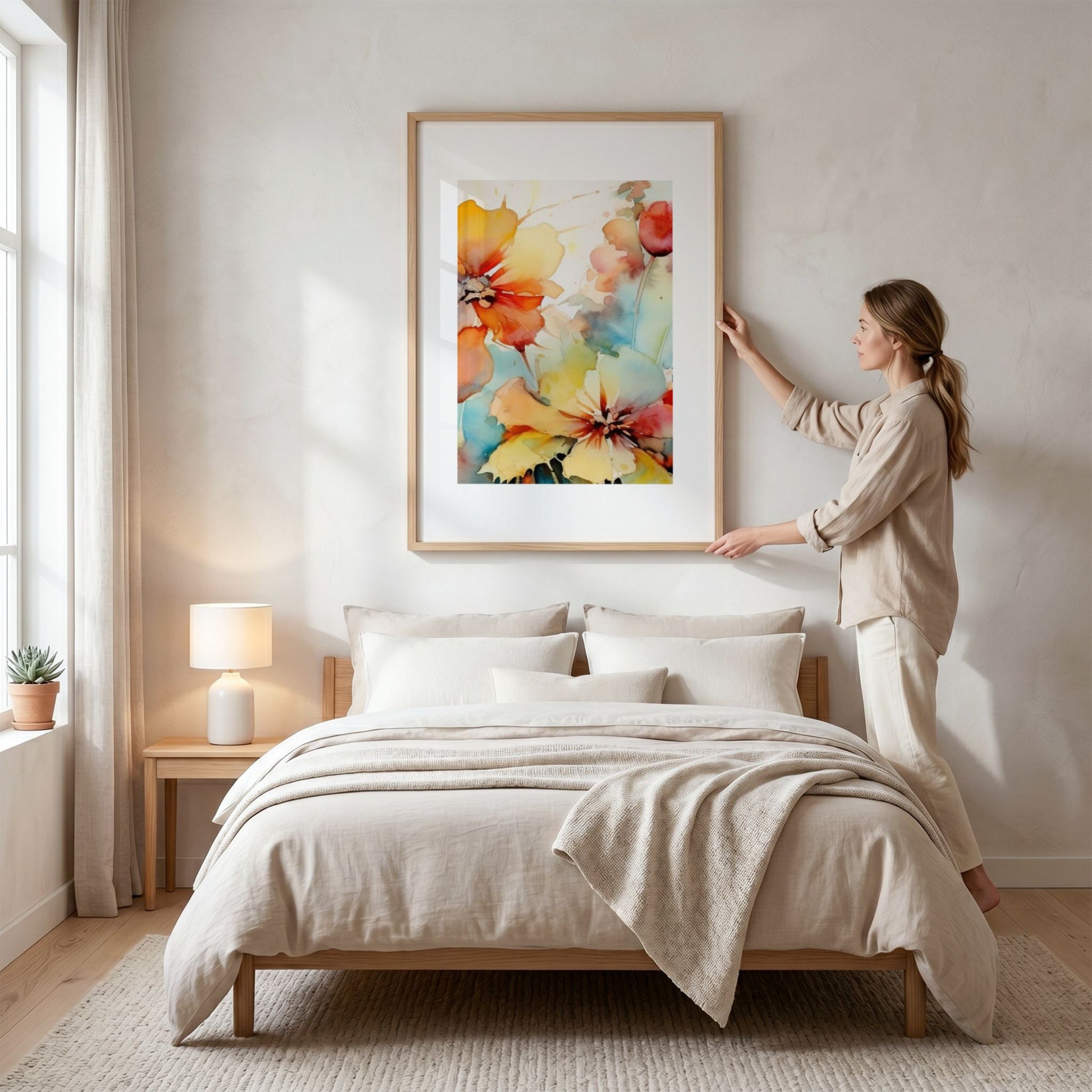 Soft Energy Bloom No2 blomsterplakat stylet over seng i lyst nordisk soverom